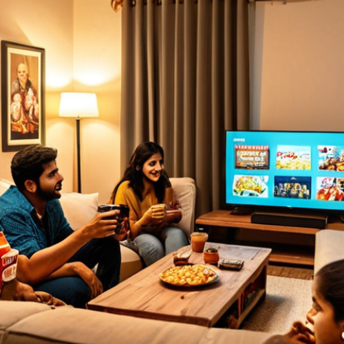 Home 4 **A diverse group of people of all ages gathered in a cozy living room, illuminated by the soft glow of a TV screen showcasing a popular show on a streaming platform like Netflix or Amazon Prime. Snacks and drinks are scattered on the coffee table, creating a relaxed and engaging atmosphere, reflecting how OTT platforms have transformed home entertainment in India.**