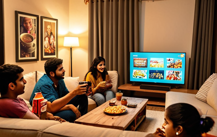 **A diverse group of people of all ages gathered in a cozy living room, illuminated by the soft glow of a TV screen showcasing a popular show on a streaming platform like Netflix or Amazon Prime. Snacks and drinks are scattered on the coffee table, creating a relaxed and engaging atmosphere, reflecting how OTT platforms have transformed home entertainment in India.**