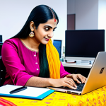 **

"A professional woman in a vibrant, yet modest, salwar kameez, working on a laptop in a colorful co-working space, fully clothed, appropriate attire, safe for work, perfect anatomy, natural proportions, high quality, professional photography, family-friendly, Diwali decorations in the background."

**