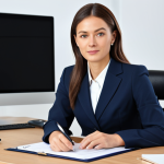 **

A professional businesswoman in a modest business suit, sitting at a desk in a modern office, fully clothed, appropriate attire, safe for work, perfect anatomy, natural proportions, professional photography, high quality.

**