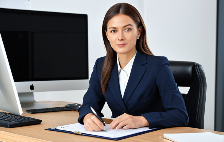 **
A professional businesswoman in a modest business suit, sitting at a desk in a modern office, fully clothed, appropriate attire, safe for work, perfect anatomy, natural proportions, professional photography, high quality.
**