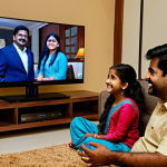 **

A family-friendly scene of a modern Indian family enjoying a Bollywood movie night at home. The living room is cozy with soft lighting, featuring a large screen TV. The family (father, mother, and two children) are fully clothed in comfortable, traditional Indian attire. Everyone is smiling and engaged with the movie. Safe for work, appropriate content, fully clothed, professional quality, perfect anatomy, natural proportions.

**