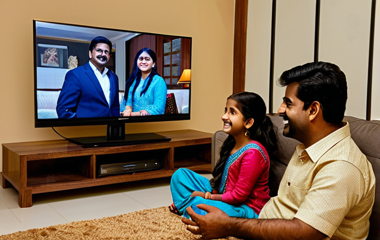 **
A family-friendly scene of a modern Indian family enjoying a Bollywood movie night at home. The living room is cozy with soft lighting, featuring a large screen TV. The family (father, mother, and two children) are fully clothed in comfortable, traditional Indian attire. Everyone is smiling and engaged with the movie. Safe for work, appropriate content, fully clothed, professional quality, perfect anatomy, natural proportions.
**