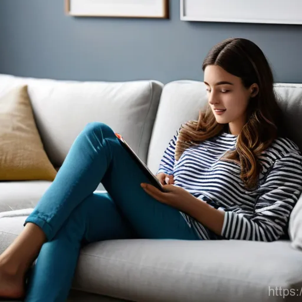 OTT와 글로벌 트렌드 - **Prompt: "A young adult, perhaps in their late 20s, comfortably curled up on a modern sofa in a wel...