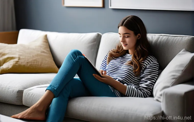 OTT와 글로벌 트렌드 - **Prompt: "A young adult, perhaps in their late 20s, comfortably curled up on a modern sofa in a wel...