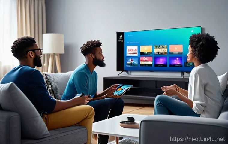 OTT와 글로벌 트렌드 - **Prompt: "A young adult, perhaps in their late 20s, comfortably curled up on a modern sofa in a wel...