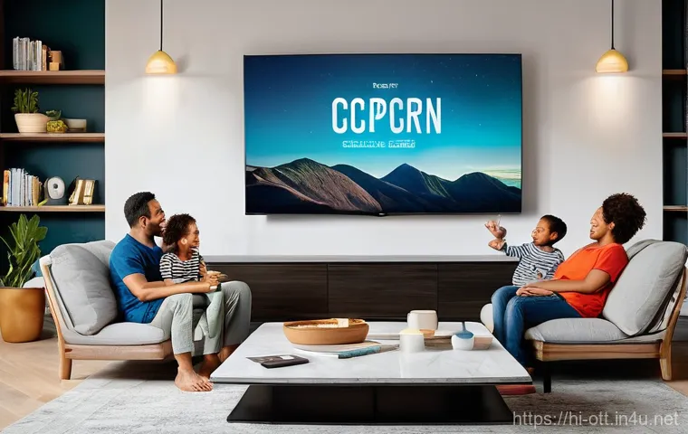 OTT 버퍼링 문제 해결 - **Prompt:** A diverse family of four, including two parents and two children (ages 8 and 12), happil...