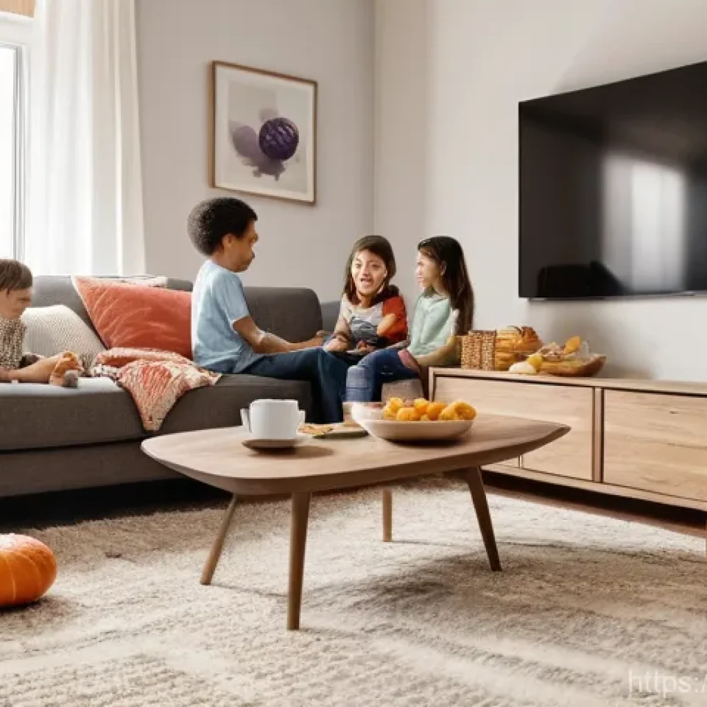 OTT와 사용자의 만족도 - **Prompt:** A cozy and brightly lit modern living room, where a diverse family – a mother, father, a...