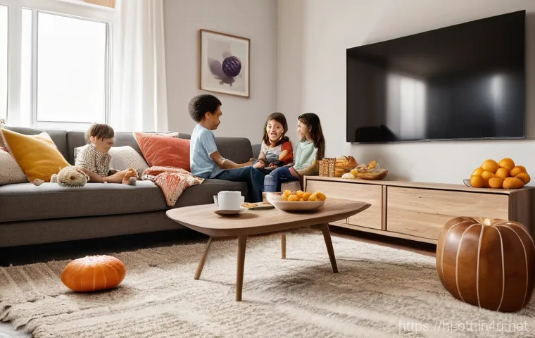 OTT와 사용자의 만족도 - **Prompt:** A cozy and brightly lit modern living room, where a diverse family – a mother, father, a...