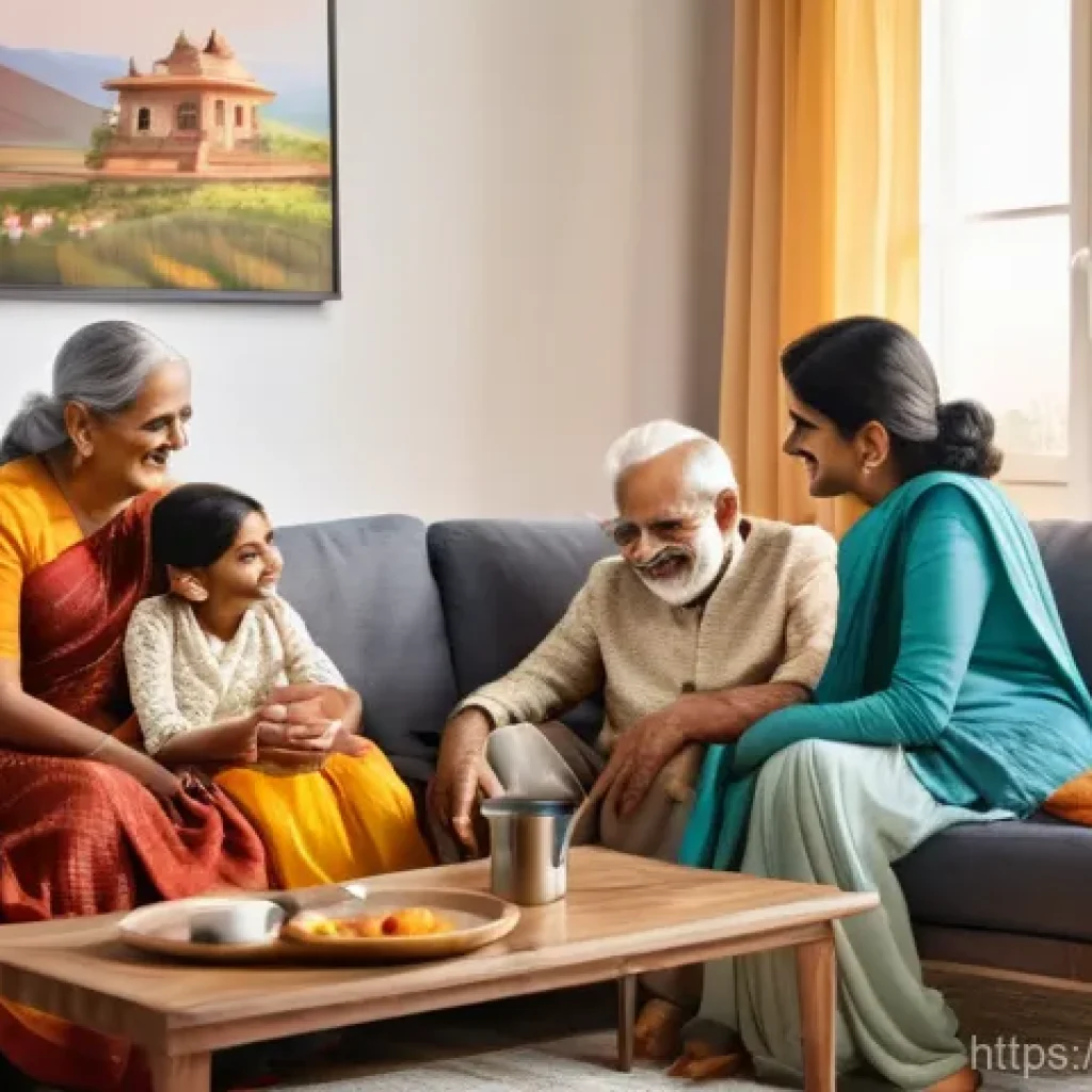 OTT와 다국어 자막 제공 - A warm, inviting scene in a modern Indian living room. A multi-generational family, including an eld...