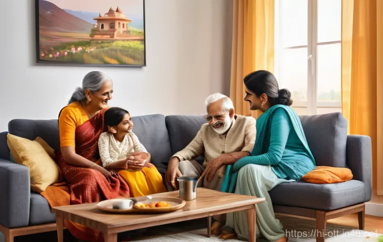 OTT와 다국어 자막 제공 - A warm, inviting scene in a modern Indian living room. A multi-generational family, including an eld...