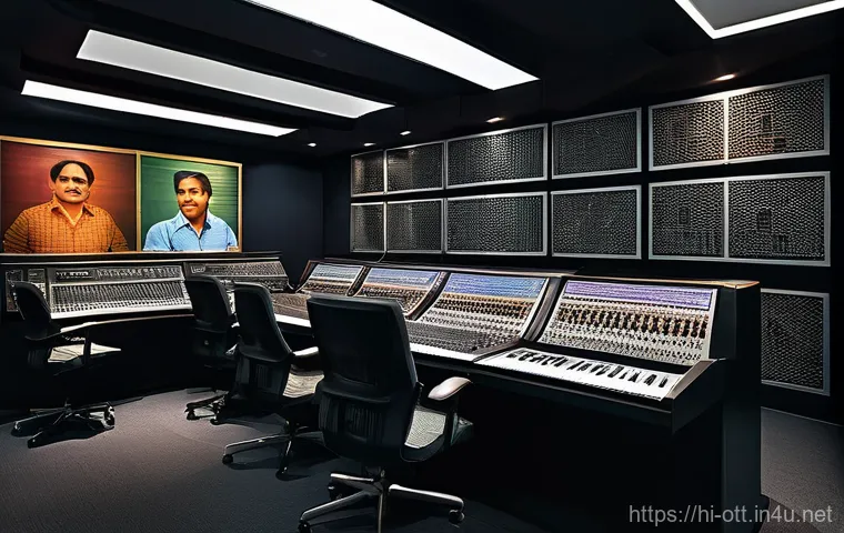 OTT와 다국어 자막 제공 - A cutting-edge, minimalist workspace with a large, translucent holographic display at its center. A ...