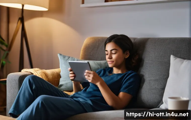 OTT 시청 시간 분석 - **Prompt 1: Cozy Binge-Watching Night**
"A cozy, low-lit living room or bedroom scene at night. ...