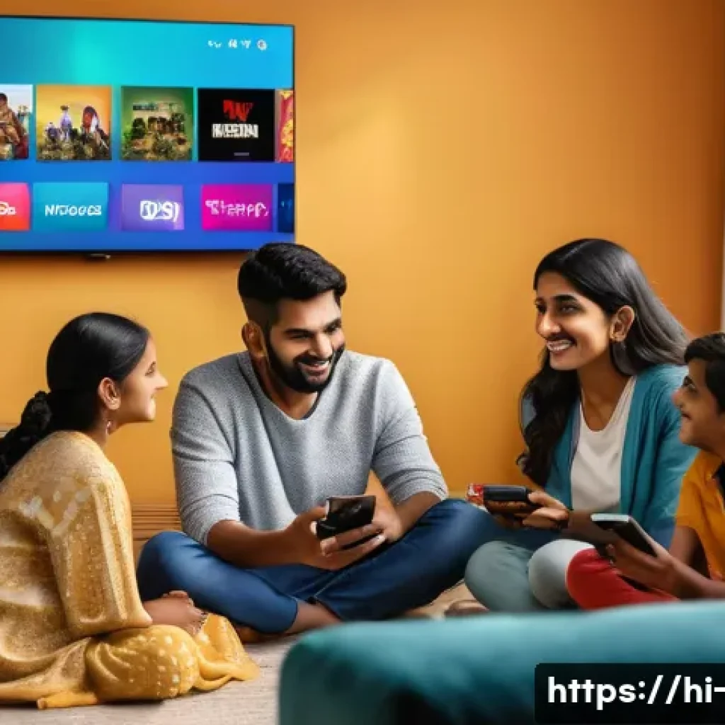 OTT 플랫폼별 가입자 수 - A vibrant modern living room scene showing a diverse Indian family gathered around a large smart TV ...
