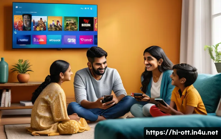 OTT 플랫폼별 가입자 수 - A vibrant modern living room scene showing a diverse Indian family gathered around a large smart TV ...