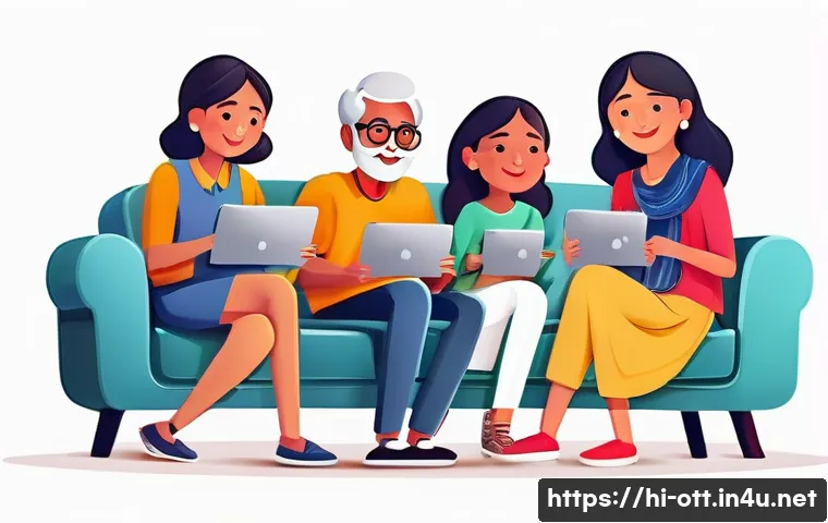 OTT 플랫폼 비즈니스 모델 - A vibrant digital illustration of a diverse group of Indian viewers, representing various age groups...