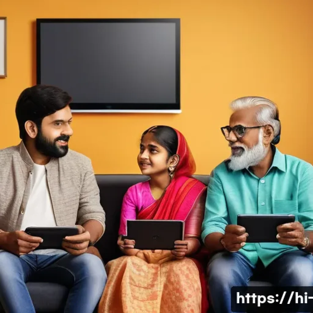 OTT와 미디어 융합 전략 - A vibrant digital living room scene showing a diverse Indian family enjoying entertainment together:...