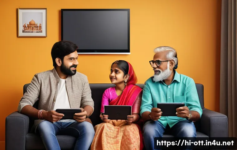 OTT와 미디어 융합 전략 - A vibrant digital living room scene showing a diverse Indian family enjoying entertainment together:...