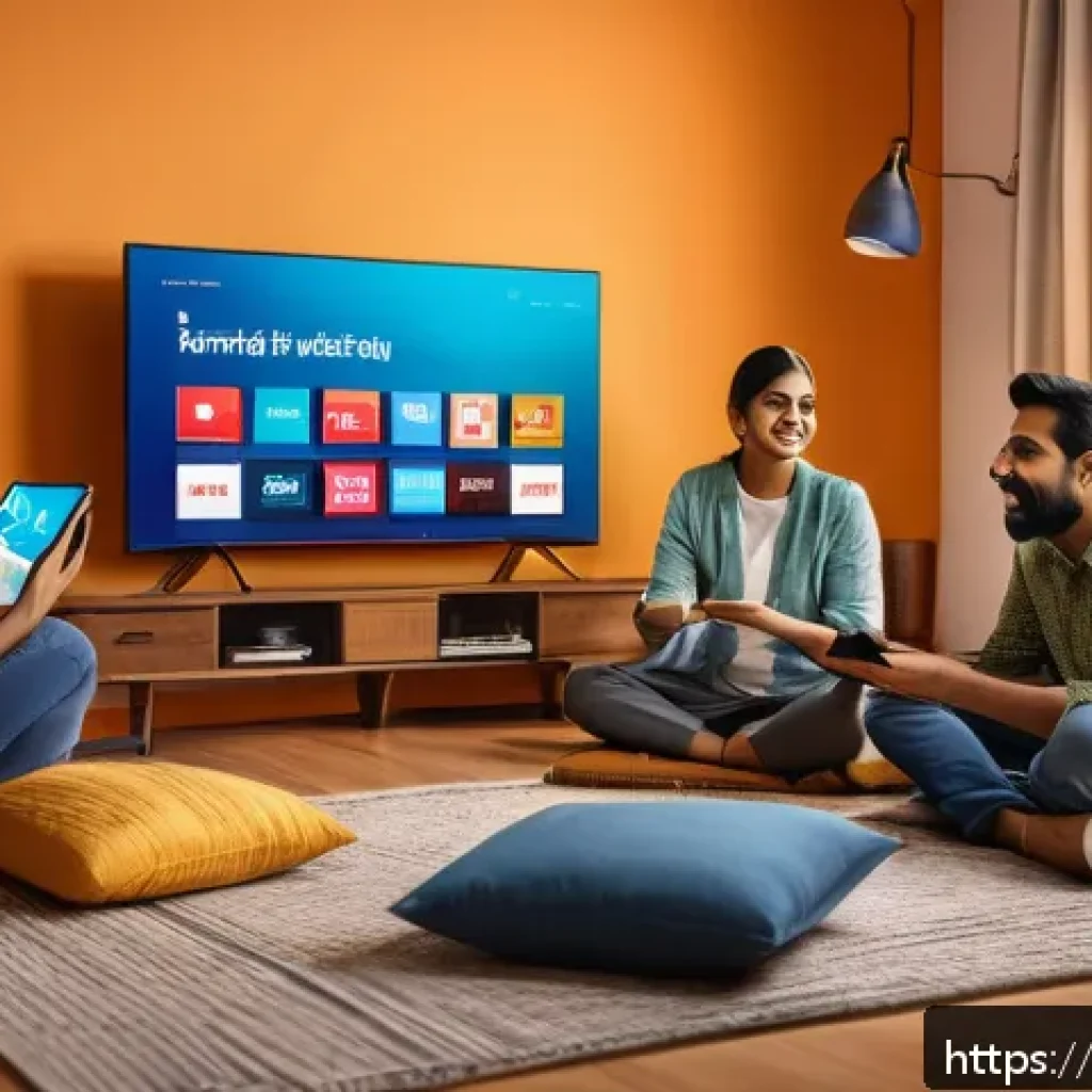 OTT 플랫폼 동시 시청 가능 인원 - A modern Indian family sitting comfortably in a cozy living room, each member watching different con...