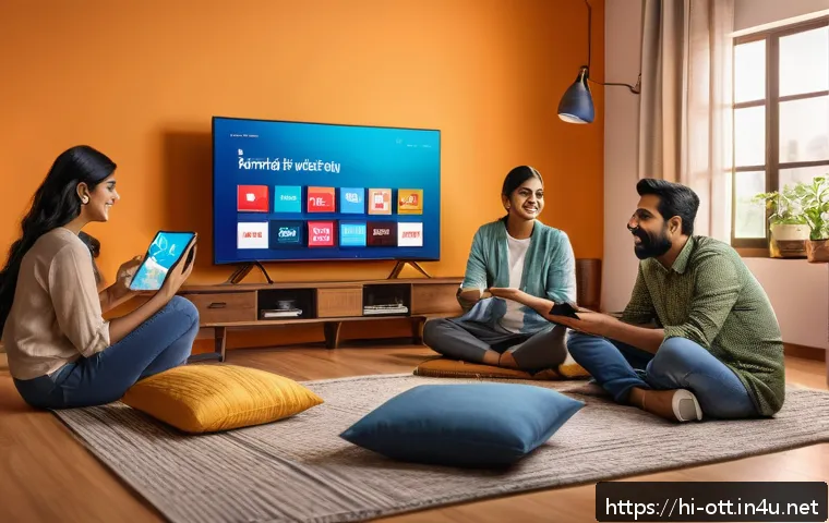 OTT 플랫폼 동시 시청 가능 인원 - A modern Indian family sitting comfortably in a cozy living room, each member watching different con...