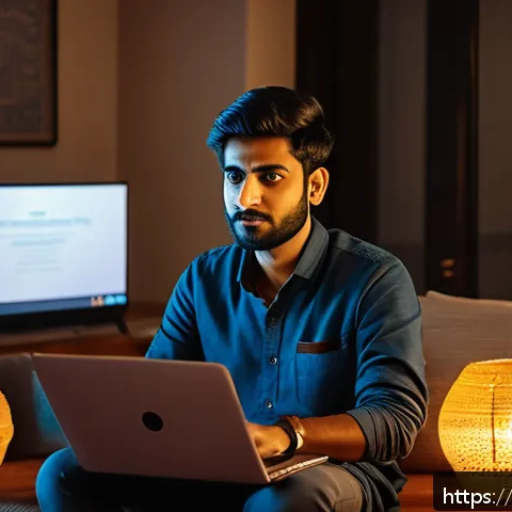 OTT와 사용자 권리 보호 - A modern Indian living room setting with a young Hindi-speaking man using a laptop to stream OTT con...