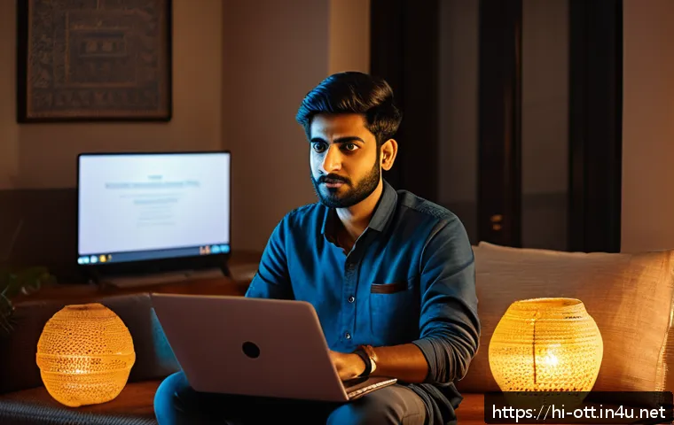 OTT와 사용자 권리 보호 - A modern Indian living room setting with a young Hindi-speaking man using a laptop to stream OTT con...