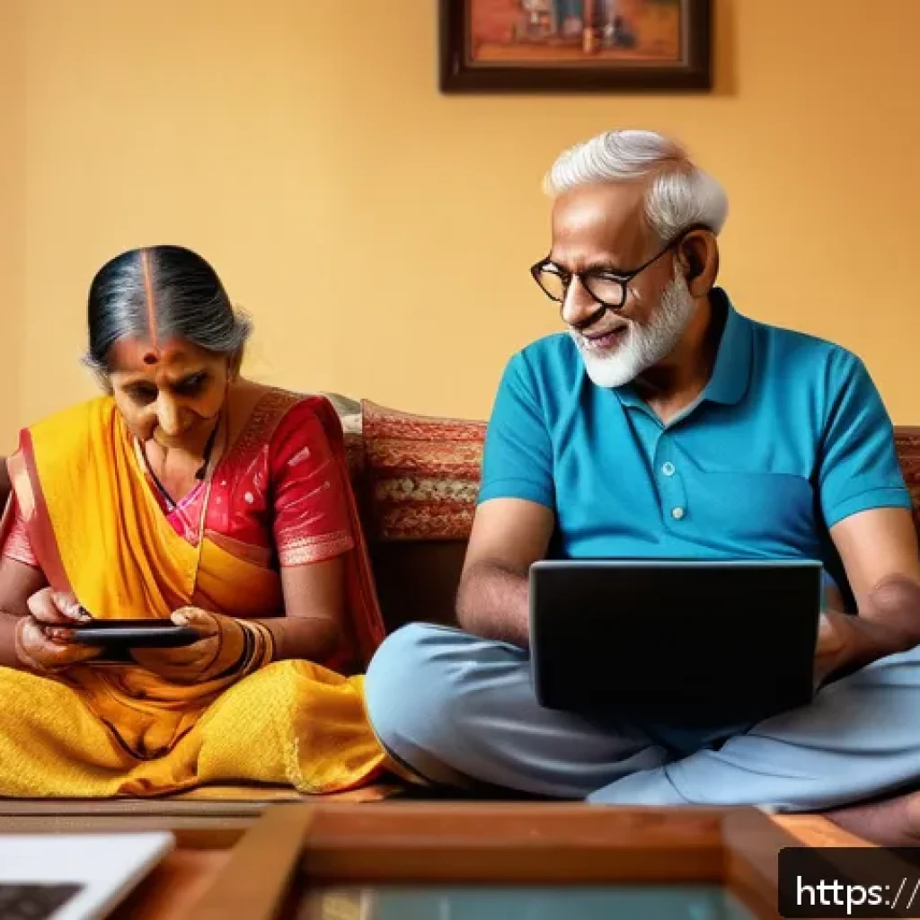 넷플릭스 콘텐츠 수 - A cozy Indian family living room scene with members of all ages enjoying Netflix on various devices:...