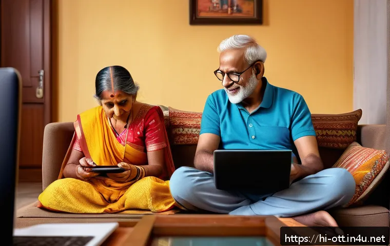 넷플릭스 콘텐츠 수 - A cozy Indian family living room scene with members of all ages enjoying Netflix on various devices:...