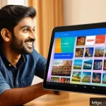 OTT 플랫폼의 콘텐츠 큐레이션 - A vibrant and diverse OTT platform interface displayed on a sleek tablet screen, showing multiple co...
