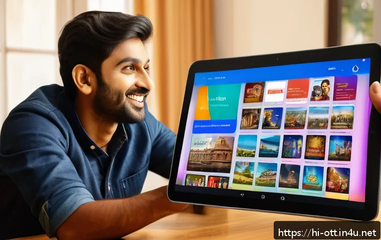 OTT 플랫폼의 콘텐츠 큐레이션 - A vibrant and diverse OTT platform interface displayed on a sleek tablet screen, showing multiple co...
