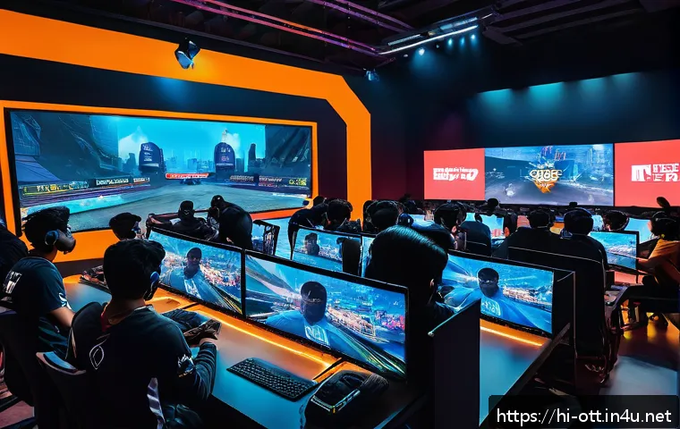 OTT e스포츠 중계 - A vibrant scene showing an Indian esports live streaming event on an OTT platform, featuring a diver...