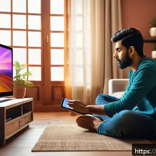 OTT와 크로스 플랫폼 시청 - A vibrant digital living room scene showcasing a person seamlessly switching entertainment devices: ...