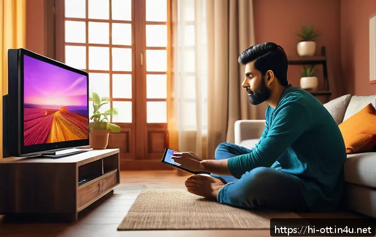 OTT와 크로스 플랫폼 시청 - A vibrant digital living room scene showcasing a person seamlessly switching entertainment devices: ...