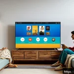 OTT 플랫폼 한 달 무료 체험 - A modern Indian living room scene with a young Hindi-speaking family gathered around a large smart T...