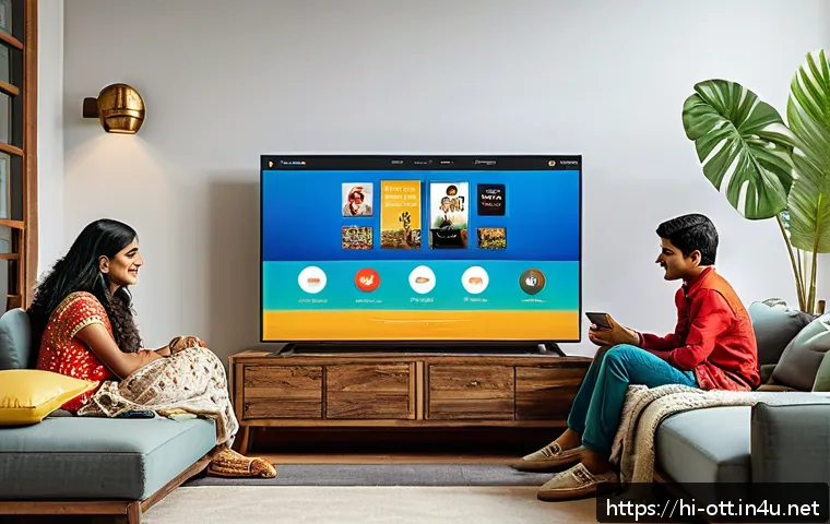 OTT 플랫폼 한 달 무료 체험 - A modern Indian living room scene with a young Hindi-speaking family gathered around a large smart T...