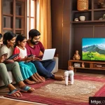 OTT와 원격 시청 모드 - A modern Indian family enjoying digital entertainment together in a cozy living room, watching a 4K ...