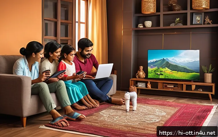 OTT와 원격 시청 모드 - A modern Indian family enjoying digital entertainment together in a cozy living room, watching a 4K ...