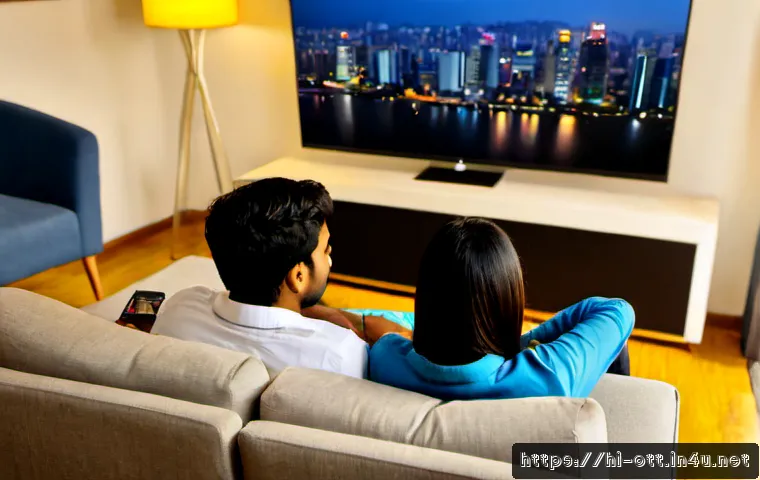 Home 17 디즈니 한국 서비스 - Photorealistic modern Seoul apartment living room at evening, Indian young adult couple relaxing on ...