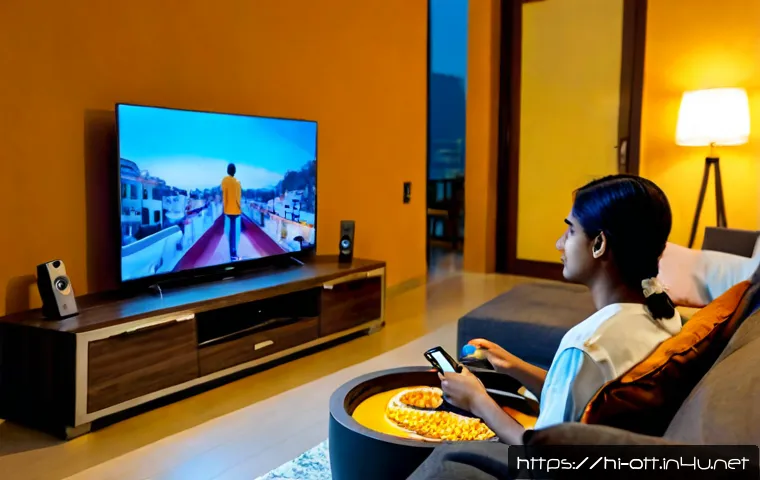 Home 17 OTT 해외 시청 방법 - Photorealistic evening living room in a modern Indian apartment abroad, a Hindi-speaking family of t...
