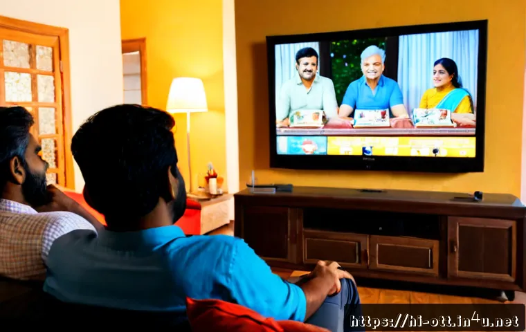 OTT 플랫폼의 차별화 전략 - Photorealistic modern Indian family in a warmly lit living room, three generations comfortably watch...
